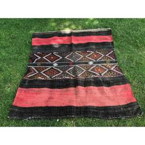 Vintage Accent Turkish Rug 3.7x4.5 ft <b>Red</b> <b>Wool</b> Kilim with Patchwork Pattern Eco-Friendly Latex Backing - Product Image 4