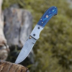 Hand Forged Stainless Damascus Steel Folding Knife Pakka Wood Handle <b>Leather</b> Sheath 8-Inch EDC Utility Gift 58HRC Hardness OEM - Product Image 6