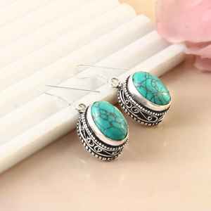 Boucles d'oreilles pendantes ovales en turquoise, argent sterling 925, fil d'oreille minimaliste, bijoux faits à la main, fournisseur en gros - Product Image 2
