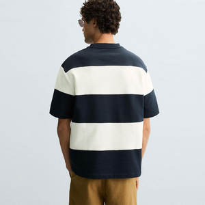 T-shirt vintage pour homme à rayures contrastées 100% coton personnalisé, texture contrastée, col rond, ample - Product Image 2