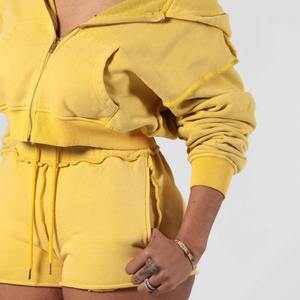 Logotipo personalizado 2025 Waffle conjunto de punto chándales Lounge chaqueta pantalones cortos conjunto verano 2 piezas algodón Mujer ropa Sudadera con capucha pantalones cortos conjuntos - Product Image 4