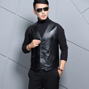 Chaleco de invierno para hombre, de cuero genuino y lona, impermeable, con cuello en V, informal, sin mangas, de piel de oveja auténtica - Product Image 6