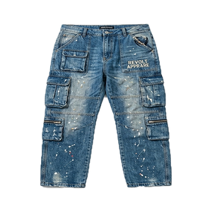 Pantalon cargo en jean tissé ample pour homme, taille haute, coupe décontractée, multi-poches, uni, streetwear, imprimé personnalisé, délavé foncé/clair, été - Product Image 4