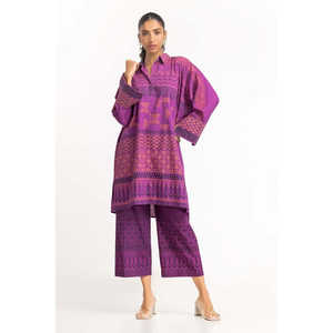 Conjunto de Camisa y Pantalón de Cintura Alta para Mujer, Transpirable, en Color Morado Teñido, con Decoración Estampada - Product Image 2