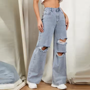Vente en gros de pantalons évasés en jean de qualité supérieure pour femmes braguette à glissière personnalisée avec détail déchiré jean mode jambe ample et large - Product Image 5