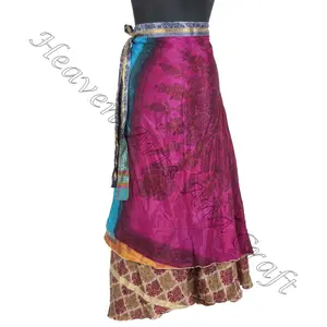 Authentic Manufacturer Of Vintage Silk Saree Sari Wrap Round Skirt Long Length 2 Layer Reversible Magic Silk Saris Wrap Long