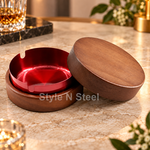 Cendrier rond en bois avec couvercle et insert en acier inoxydable, pour bureau, maison, bar - Product Image 3