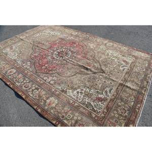 Vintage Turkish Rug Classic <b>Red</b> Beige 7.8x11.4ft Large Area Patchwork Pattern <b>Wool</b> Latex Backed 10mm Thickness Model Room Rug - Product Image 2