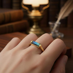 Magnifiques bagues en labradorite naturelle, baguette, argent sterling 925, plaqué or 18 carats, bijoux minimalistes, déclaration de style, fiançailles - Product Image 4