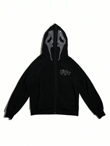 Sudadera con capucha negra con cremallera y máscara de fantasma de diamantes de imitación y brillo Spooky Text Streetwear Unisex Horror Fashion Oversized Acid Wash - Product Image 6