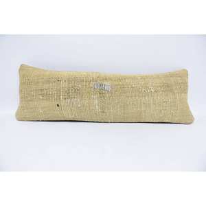 Almohada de cáñamo Kantha de lana Beige a rayas sutiles 12x36 pulgadas tejida con patrón vintage - Product Image 1