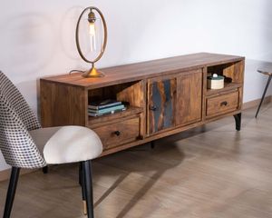 Meuble TV ethnique 175cm en acacia massif avec pieds en métal noir Membatu - Product Image 4