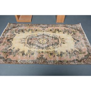 Vintage Accent Rug 3.8x6.3 ft, <b>Brown</b> Ikat Turkish <b>Wool</b> Rug - Product Image 3