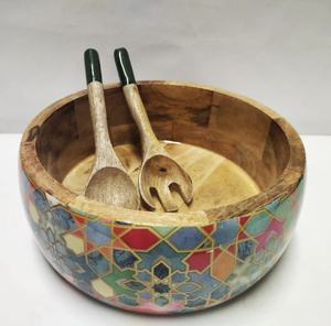 Bol de nourriture en bois imprimé en émail de qualité exclusive Design attrayant Bol de service à soupe de forme ronde Outils de service en bois Ensemble de cuillères - Product Image 1