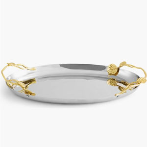 Exclusive Quality Metal Stainless Steel Oval Tray With Lily Designer Handle Tabletop Food Serving Tray Snacks Server Platters - Product Image 2