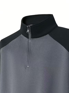 Men's Casual Streetwear Hoodie with Half-<b>Zip</b> Front Contrast Color Block & Stand Collar Design Versatile Regular Fit Sweatshirt - Product Image 3