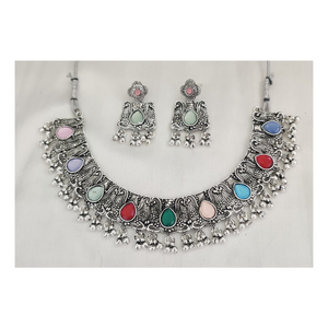 Conjunto de joyería tradicional de lujo con collar y pendientes de piedras multicolores, ideal para fiestas y celebraciones especiales étnicas - Product Image 1