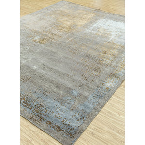 Tapis noué à la main en laine, bambou et soie à motif abstrait Tattvam, gris et noir, rectangulaire, pour salon, couloir, Srb(9003) - Product Image 2