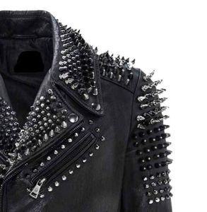 Custom Studded Men's Brando Motorbike Rock Punk Spike Silver <b>Leather</b> Jacket Front Stand Collar Waterproof Breathable Double Face - Product Image 3