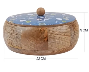 Hand Crafted Blue Floral Printed <b>Lid</b> Mango Wood Round Chapati Box Hot <b>Pot</b> Casserole with <b>Lid</b> kitchen Decor Round wood Roti Dabba - Product Image 6