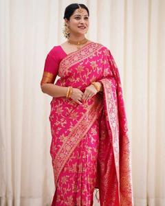Sarees en soie Jacquard lourd en viscose de luxe doré grande bordure de tissage Jacquard tenue traditionnelle indienne pour les fêtes d'hiver - Product Image 6
