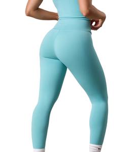 Legging en polyester et spandex à motif solide pour femmes, matériau organique, tenue de fitness, de yoga et de gym de couleur bleu ciel, OEM - Product Image 3