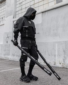 Sweat à capuche Cyberpunk Techwear noir taille plus pour hommes, streetwear, sweat à capuche noir surdimensionné en coton personnalisé pour hommes - Product Image 5