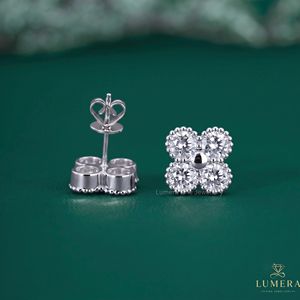 Round Cut Lab Grown Diamond Four Leaf Clover Cluster Studs Non Certified 14K Solid Gold Milgrain Beaded Floral Motif Earrings - Product Image 5