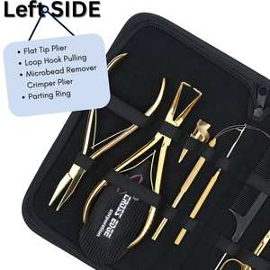 Kit d'outils pour extensions de cheveux dorées avec pince à ouvrir et fermer les perles, pince à sertir les perles, outil à boucle de traction, mini-ciseaux et pinces - Product Image 4