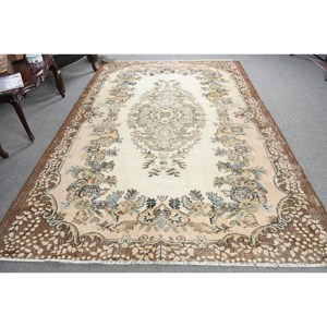 Vintage Turkish Rug Beige <b>Brown</b> 6.6 X 9.8 ft Classic Large Area Patchwork Pattern <b>Wool</b> Material Latex Backing for Teens Hallway - Product Image 3