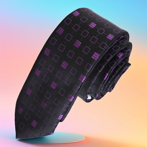 Purple Plaid Geometric <b>Black</b> Jacquard Woven <b>Slim</b> Fashion <b>Tie</b> <b>Tie</b> - Product Image 1