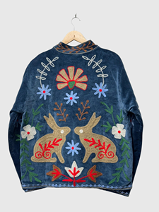 Bohemian Embroidered <b>Velvet</b> Jacket Full Sleeve Mandarin Collar Floral Pattern Plus Size Women's Winter Wear - Product Image 3