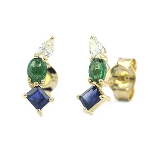 Bán Buôn Hợp Thời Trang Cong Phong Cách 18K Rắn Vàng Vàng Tự Nhiên Ngọc Lục Bảo Màu Xanh Sapphire Kim Cương Stud Bông Tai Người Phụ Nữ Xinh Đẹp Bông Tai