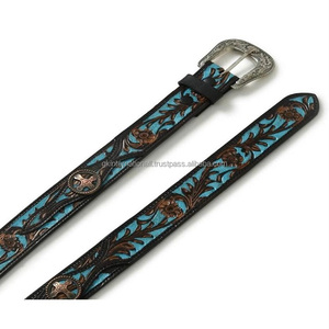 เข็มขัดหนังแท้สลักลายเทอร์ควอยซ์ขัดเงาสวยงามเข็มขัดตะวันตกพร้อมตัวล็อกทำจากโลหะ - Product Image 1