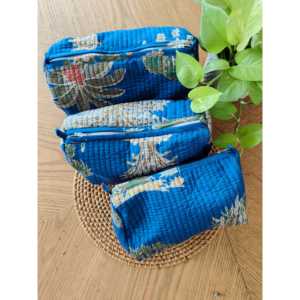 Lot de 3 trousses de toilette bohèmes bleues à fermeture éclair, sacs organisateurs de cosmétiques holographiques en coton PC - Product Image 3