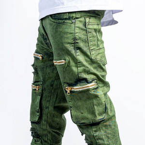 <b>Mens</b> <b>Green</b> Stacked Jeans Fashion Streetwear Multi Zipper Design Slim Fit Casual Denim Pants Stylish Modern <b>Trousers</b> OEM ODM - Product Image 5