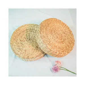BRAIDED HAND WOVEN NATURAL RAW WATER HYACINTH STRAW ROUND OTTOMAN AND CUSHION PAD FOR LIVING ROOM