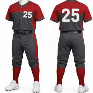 Uniforme de Béisbol Profesional Rojo y Gris, Jersey Sólido de Alto Rendimiento con Ribete en Contraste y Pantalones con Franja Lateral a Juego - Product Image 1