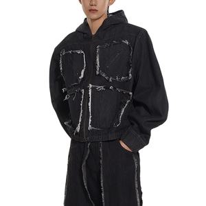 Veste en jean zippée unique pour homme, coupe ample, lavage vintage, coton, décoration boutonnée, grande taille, motif imprimé, patchwork, style baseball - Product Image 5