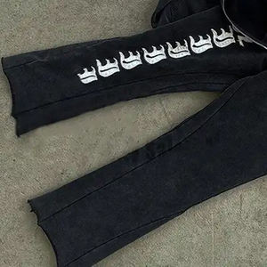 Expu Acid <b>Washed</b> Streetwear Hoodie Set Printed Zipper Sweat Suits Flared Sweatpants Plus Size Distress Patch Comfortable - Product Image 3