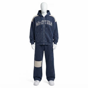 Conjunto de chándal de dos piezas para hombre, estilo streetwear, con sudadera con capucha azul marino extragrande con cremallera y pantalones deportivos holgados. - Product Image 3