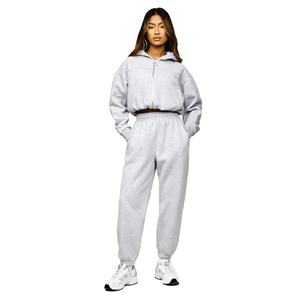 Sweat-shirt court gris chiné pour femme, 65% coton et 35% polyester, veste de sport zippée pour club, haut de survêtement avec logo sur le devant - Product Image 1