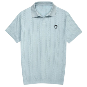 Mens Blue Cable Knit Polo Shirt Premium Cotton Knitwear Short Sleeve Textured Classic Fit Casual Smartwear Apparel - Product Image 2