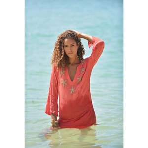 Túnica de Playa Color Coral para Mujer, Cuello en V, Bordada, Mini Vestido Ecológico, Lavable, Ropa de Verano para Resort, Corte Holgado, Estampado Floral Natural - Product Image 3
