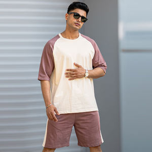 Nuevo último estilo de manga corta para hombre conjuntos gemelos personalizados 100% algodón polar precio bajo Color sólido conjunto doble para hombre hombro caído - Product Image 5