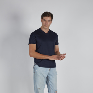 Italia produttori abbigliamento uomo magliette con scollo a v 100% cotone con maniche corte tinta unita blu - Product Image 2