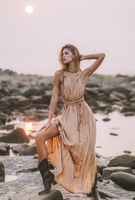 Kaftan Abu-Abu Muda Panjang hingga Lantai 100% Katun Kerah V Lengan Panjang Siluet A-Line Ukuran Besar Longgar Bermotif Desain Vintage