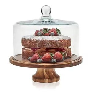 Custom Acacia Wooden <b>Cake</b> Stand with <b>Glass</b> <b>Dome</b> Footed <b>Cake</b> Holder for Wedding Tea Party - Product Image 5