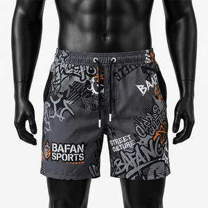 Shorts de baño para hombre, suaves, de microfibra de poliéster, de secado rápido, con estampado gris, negro y naranja, sublimación, logotipo personalizado, estilo con bolsillo. - Product Image 1