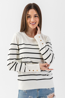 Pull-over en tricot pour femmes, col rond, manches rayées avec détail à pression, chemisier-pull élégant et confortable Services OEM